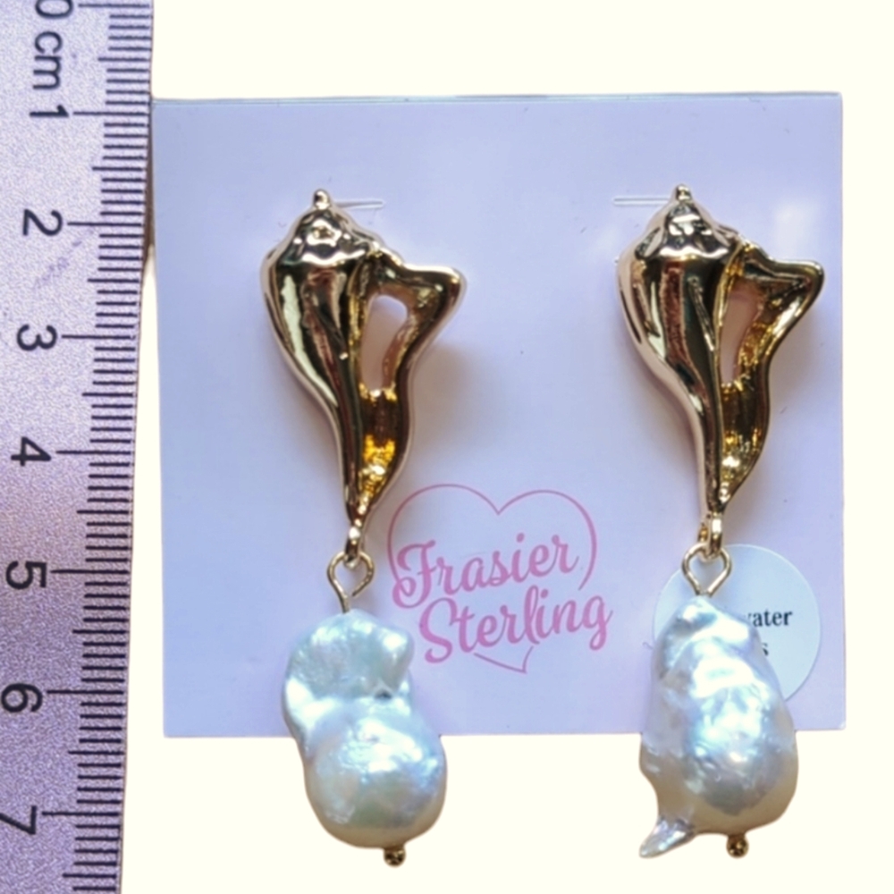 Asymmetrical Genuine Freshwater Pearl Earrings BIG NWT